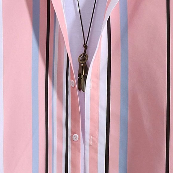 Pink Vacation Style Men's Random Block Striped Shirt - Picture 7 of 8